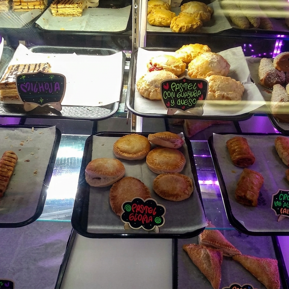 Glass pastry case displaying assorted Spanish pastries, including croissants, empanadas, cookies, and cream-filled treats on trays.