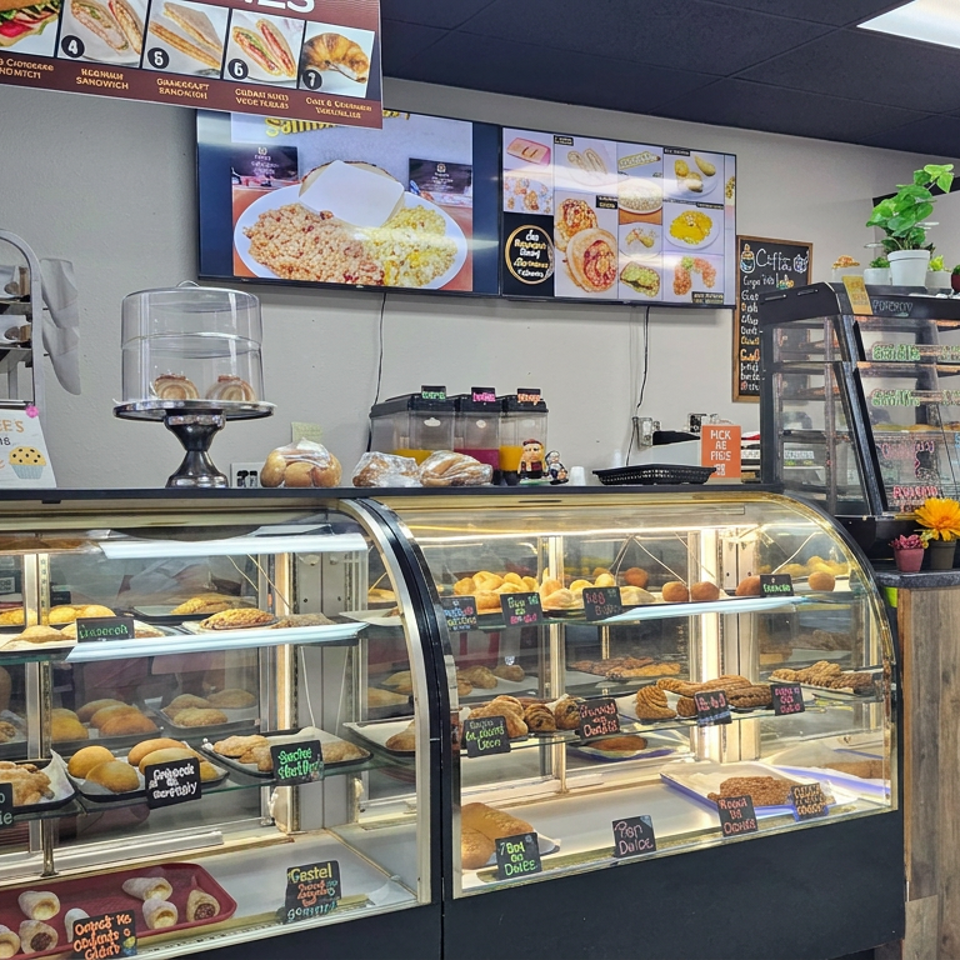 Bakery counter with glass cases displaying assorted breads, pastries, and labeled treats beneath menu screens in a cozy café.