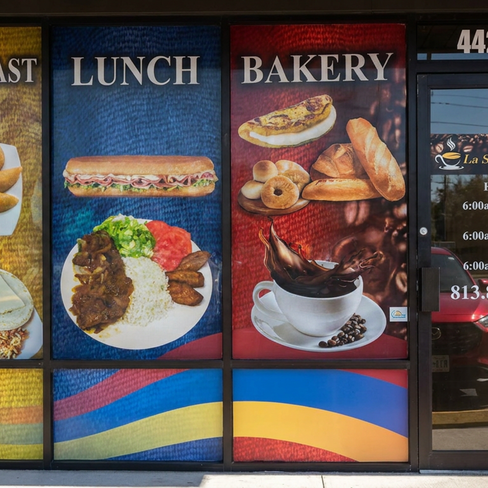 La Semilla Bakery storefront displays breakfast, lunch, bakery pastries, coffee, hours, and contact information.