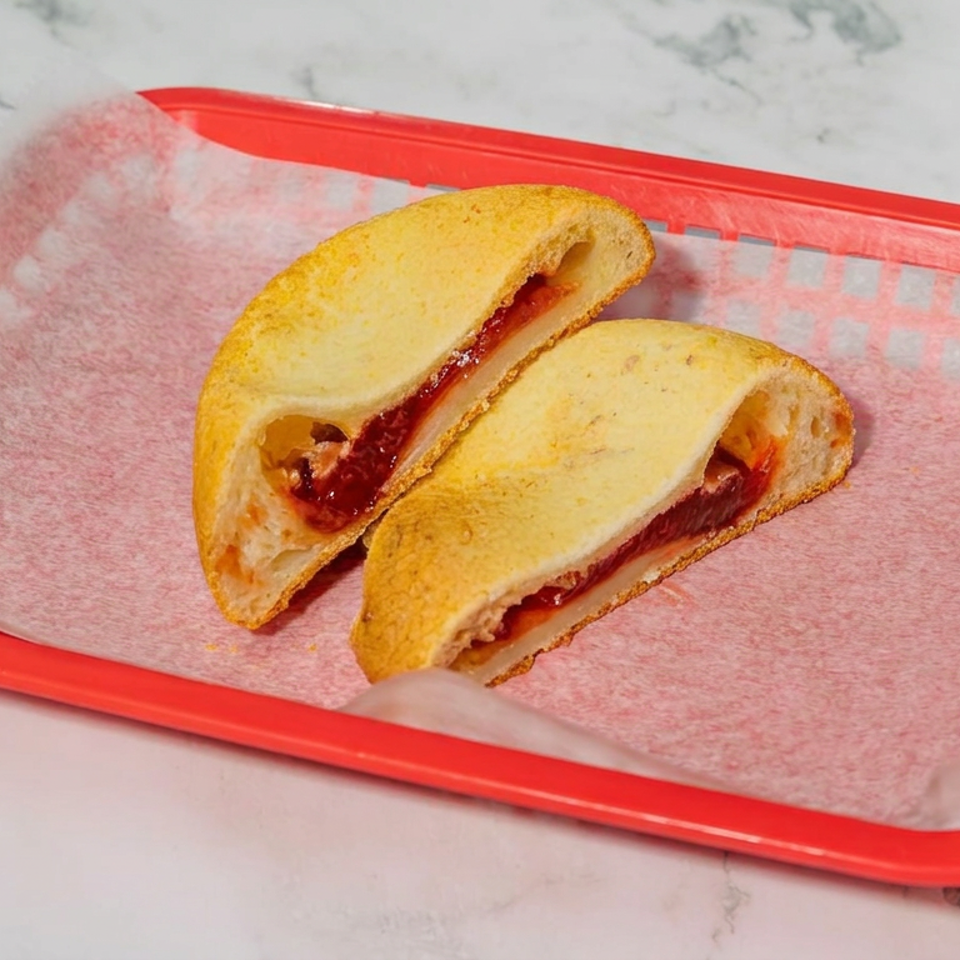 Two golden-brown folded pastries filled with red jam sit in a red paper-lined basket on a marble countertop.