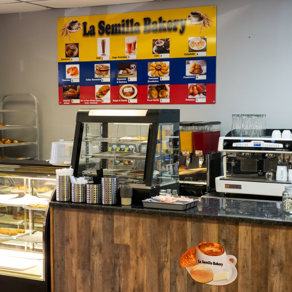 La Semilla Bakery counter with pastries in display cases, espresso machine, coffee grinder, and menu board.