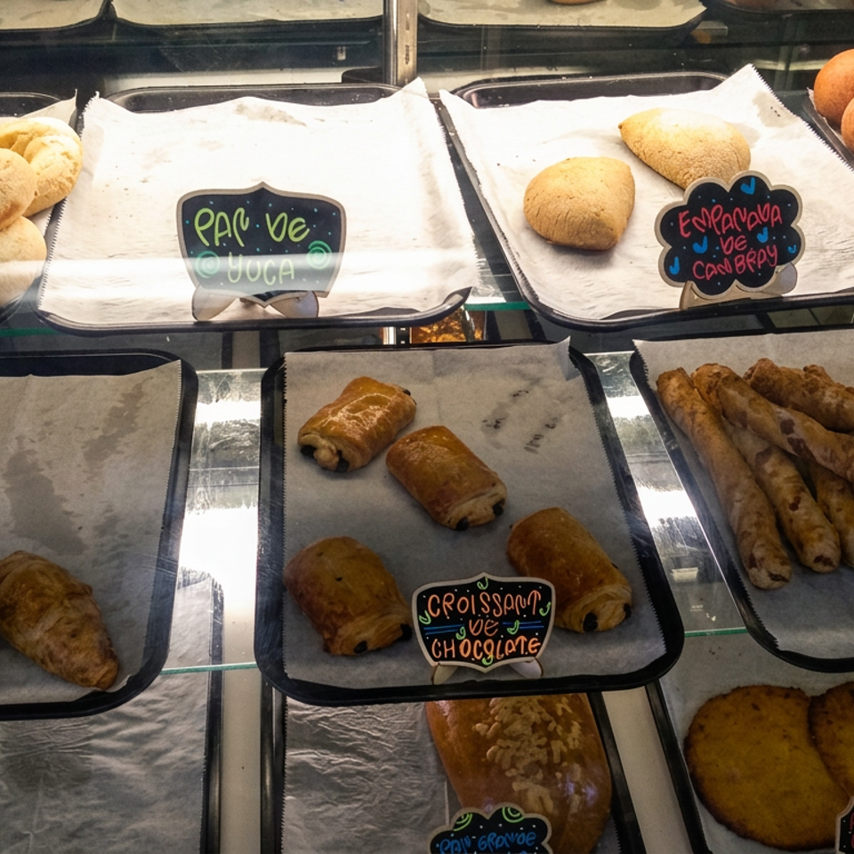Bakery display case featuring croissants, chocolate pastries, cheese rolls, empanadas, round breads, and labeled Latin American baked goods.