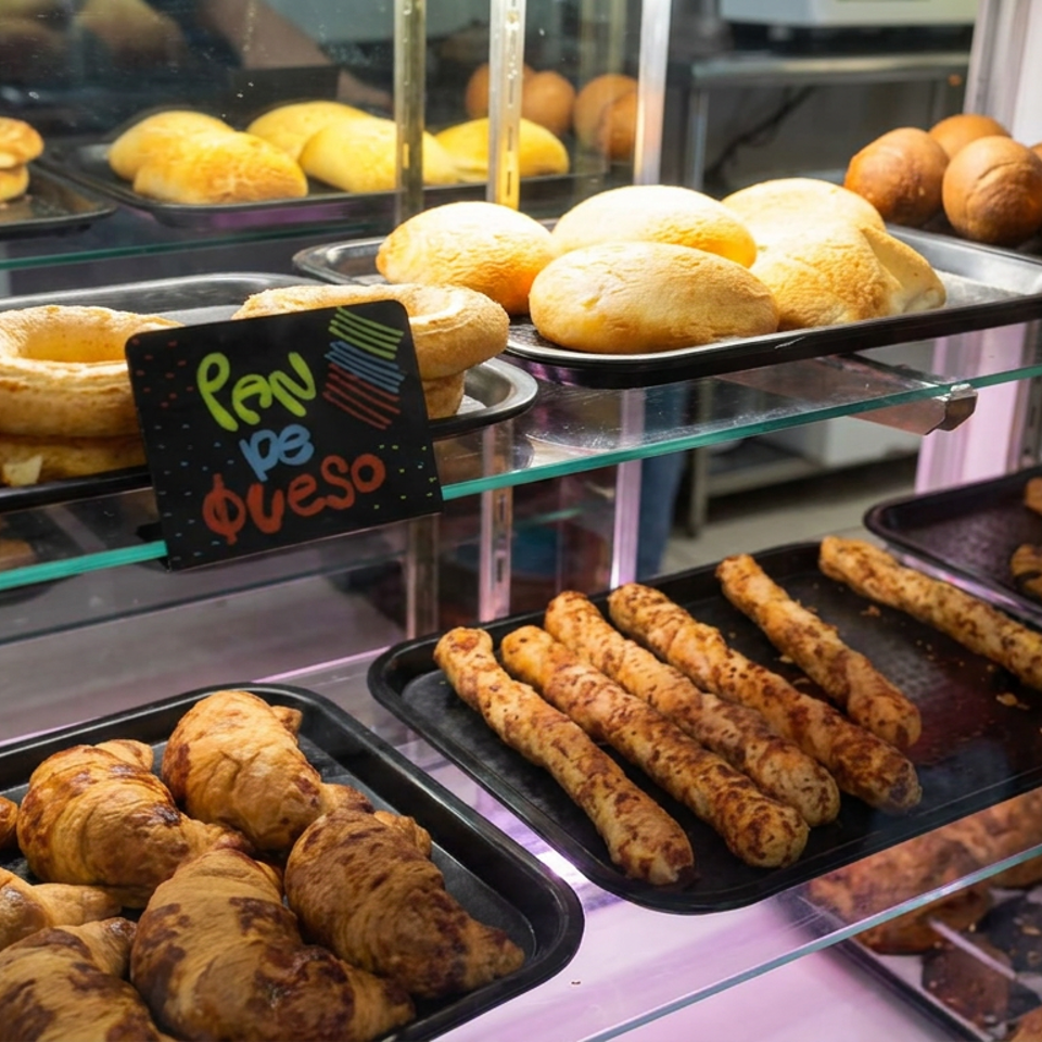 Bakery display case filled with cheese breads, rolls, pastries, croissants, and breadsticks on black trays.